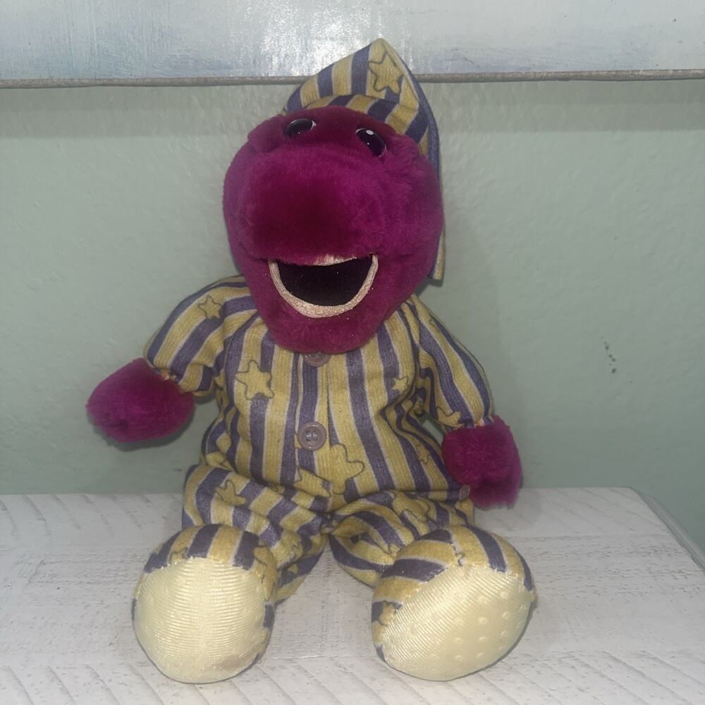 Vintage Plush Bedtime Barney With Striped Pajamas And Hat Rare